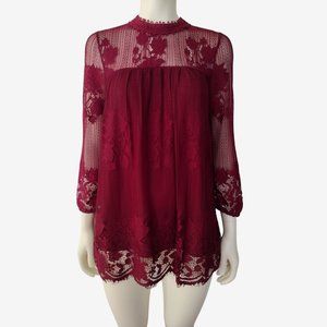 Miss Chievous Red Maroon Allover Mesh Lace Mock Neck Blouse Size M